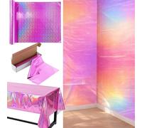 Peryiter 1 Roll 100 ft x 54 Inch Iridescent Plastic Tablecloths Party Backdrop Disposable Shiny Laser Table Covers Holographic Foil Tablecloth Iridescent Disco Retro Birthday Decoration (Pink Laser)