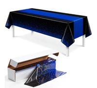 Peryiter 1 Roll 100 ft x 54 Inch Tablecloth Party Decorations, Plastic Black Table Cloth Printed Gold Table Runner Disposable Rectangle Tables Cover for Birthday Graduation Party(Blue and Black)
