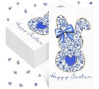 Peryiter 100 Pcs Easter Blue White Bunny Paper Napkins 13 x 15.7 Inch Retro Bunny Flower Disposable Napkins Chinoiserie Rabbit Dinner Hand Towel for Easter Spring Birthday Party Table Supplies