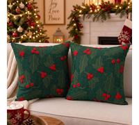 Peryiter 2 Pcs Christmas Throw Pillow Covers 18 x 18 Inch Soft Holly Berry Embroidered Pillow Green Holiday Decorations Cushion Cases for Sofa Couch Xmas Winter Home Farmhouse Decor Supplies