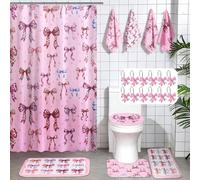 Peryiter 21 Pcs Pink Bow Leopard Print Bathroom Set Leopard Bow Shower Curtain 4 Pink Bath Towels 2 Non-Slip Rugs U-Shaped Toilet Mat & Cover 12 Hooks, Cute Decor for Bathroom