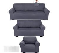 Peryiter 3 Pcs Slipcover Set for Couch Furniture Covers for Sofa Loveseat Couch Arm Chair, Form Fit Stretch, Wrinkle Free, Furniture Protector(Dark Gray,Milk Silk Spandex)