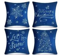 Peryiter 4 Pieces Christmas Pillow Covers, 18 x 18 Inches Decorative Velvet Snowflake Christmas Throw Pillow Covers with Rhinestones for Winter Holiday Couch Sofa Cushion Outdoor Decoration, Navy Blue