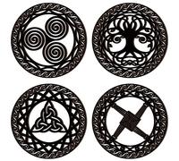 Peryiter Celtic Symbol Wall Decor 4 Pcs Celtic Cross Knot Triple Spiral Symbol Wood Sign Wood Sacred Wall Art Wooden Wall Art Decor Irish Blessing Wall Decor Nordic Wall Hanging (Black)