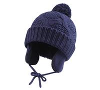 Pesaat Knitted Baby Winter Beanie Earflap Warm Hat for Infant Toddler Boys Girls Fleece Lined Beanies with Pompom(Navy,6-12 M)