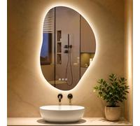 PESENXAN Mirror with Lighting, Asymmetrical, LED Bathroom Mirror with Touch Switch, 3 Light Colours, Dimmable, Anti-Fog Bathroom Mirror with Lighting, 80 x 53 cm