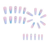 Pesfehhy 24Pcs Pink Blue Gradient Camellia False Nails Long Coffin Nail Tips Detachable on Nails Manicure Glitter Nails