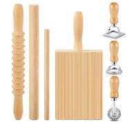 Pesfehhy 7 Pcs Pasta Making Tool, Wood Gnocchi Board with Ravioli Stamp and Rolling Pin Set, Pasta Maker for Homemade Pasta