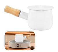 Pesfehhy Enamel Milk Pan, Mini Butter Warmer 10cm Enamelware Saucepan Pan Cookware with Wooden Handle, Perfect Size for Heating Smaller Liquid Portions. (White)