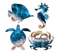 Pesfehhy Wall Sculptures Metal Outdoor Wall Art Decor, Beach Pool Sea Decor Theme with Metal Sea Turtle Fish Crab Decor Easy to Use