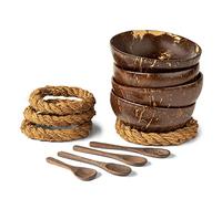 Pesfehhy with Spoons & Stands - Set of 4 Coconut Shell Bowls + Wooden Spoons & No-Wobble Holders for Salad