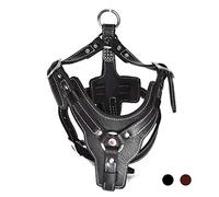 PESHOUCO Leather Dog Harness Handmade Genuine Leather Durable Strong Pet Harness with Adjustable Straps No Pull Easy Control Pet Vest 24" - 28" Chest for Medium Small Dogs Black