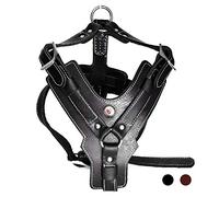 PESHOUCO Leather Dog Harness Handmade Genuine Leather Durable Strong Pet Harness with Adjustable Straps No Pull Easy Control Pet Vest 28" - 32" Chest for Medium Large Dogs Black Halloween Crafts