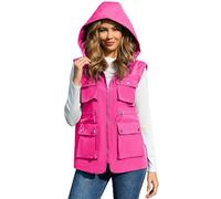 PESION Womens Packable Military Utility Vests Outerwear Waterproof Windbreaker Jacket Cargo Vest with Removable Hood, Hot Pink, X-Small