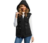 PESION Womens Packable Military Utility Vests Outerwear Waterproof Windbreaker Jacket Cargo Vest with Removable Hood, Black, L
