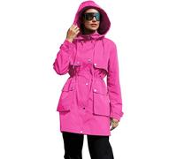 PESION Women's Waterproof Long Rain Jacket Lightweight Raincoat Lined Windbreaker Trench Coat for Outdoor Travel Hiking, Hot Pink, 3XL