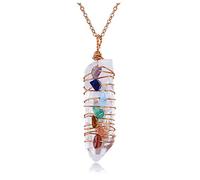PESOENTH 7 Chakra Healing Crystals Gemstone Pendant Necklace, Rose Gold Copper Wire Wrapped Natural Irregular Clear Quartz Crystal Ponit Necklace for Women Men Christmas Chakra Jewelry Gift, Stone
