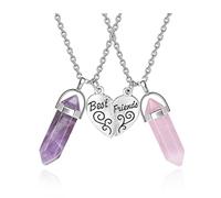 PESOENTH BFF Necklace for 2 - Matching Heart Best Friends Crystal Pendant Necklaces Friendship Jewelry Set for Girls Women, amethyst rose quartz crystal stone