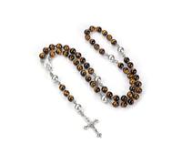 PESOENTH Mens Silver Cross Rosary Tigers Eye Christian Prayer Beads Crystal Necklace for Men Rosaries Catholic Christian Spiritual Jewelry Gifts for Men,Religious Rosary Beads Crucifix Necklace