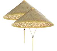 Pesoncarl 2Pcs Rice Hat, Chinese Oriental Conical Bamboo Hat with Adjustable Rope, 14 Inch Weave Rice Straw Tourism Rain Cap for Farmer Fishing, Summer Beige