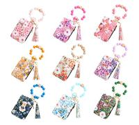 Pesoncarl 9 Pcs Boho Beaded Wallet Keychain Set, Floral Print Wristlet with Silicone Beads, Multi-Color Card Holder Keychain for Women