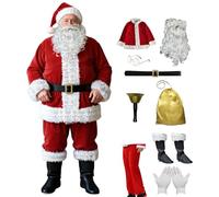 Pesoncarl Christmas Decorations, 1 Set Santa Costume for Men 10Pcs Professional Christmas Clause Costume, Velvet Santa Red Outfit for Xmas Party, Cosplay, XL
