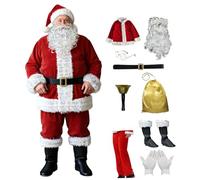 Pesoncarl Christmas Decorations, 1 Set Santa Costume for Men 10Pcs Professional Christmas Clause Costume, Velvet Santa Red Outfit for Xmas Party, Cosplay, M