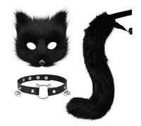 Pesoncarl Furry Suit Faux Furs Fox Mask with Leather Bell Collar & Fluffy Tail Cute Realistic Halloween Costumes for Themed Party Cosplay, Black, Fancy Dress Accessories