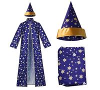 Pesoncarl Halloween Decorations, Wizard Costume Long Sleeves Blue Wizard Robe and Hat Polyester Star Pattern Cloak Adults Robe for Halloween Party, Cosplay(XXL)