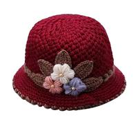 Pesoncarl Knitted Hat Warm Flowers Knit Hats with Brim Thicken Windproof Crochet Woolen Hats for Women Elegant Soft Ladies Winter Hats Wine Red, Bucket Hats