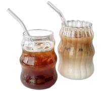 Pesoncarl Ribbed Glasses, Glass Cups with Straws 2Pcs Vintage Ribbed Glassware 18Oz Ripple Glass Cups Wave Shaped Beverage Glasses Iced Coffee Cup for Whiskey Cocktail Juice Beer