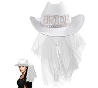 Pesoncarl White Cowgirl Hat with Veil Bride Hat Wedding Photo Costume Prop Cowboy Hat Women Wide Brim Wedding Hat for Bachelorette Party, Cowboy Hats