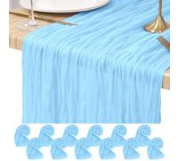 Pesonlook Cheesecloth Table Runner Light Blue, 12 Pack 17.7x108 inch, Long | Rustic Boho Gauze Table Runners, Crinkled Texture, Soft, Washable Reusable Decorations for Wedding Party Dinner Holiday Home