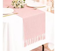 Pesonlook Pink Table Runner 13 x 72 Inch, Boho Farmhouse Table Runner with Tassels, Woven Rustic Dining Table Decoration for Kitchen, Coffee Table, Console Table and Party Decor