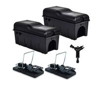 Pest O One Rat Bait Boxes Black Tamper-Proof With Rat Snap Traps Rat Poisoning Bait Boxes Snap Trap Combo Kit (2 Solo Boxes+2 Rat Snap Traps)