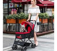 Pet 4 Wheeled Reversible Trolley, Cats Dogs Travel Carts Shockproof Stroller Adjustable Direction,One-Click Folding, Max Loading 25kg (Red)