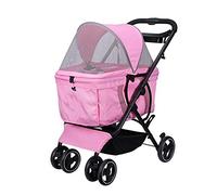 Pet 4 Wheeled Trolley, Cats Dogs Carts Shockproof Stroller, Awning Adjustable Direction, One-Click Folding, Quick Installation, Suitable for Travel (Pink)