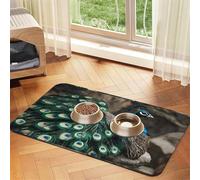 Pet Absorbent Leather Tablecloth Green Peacock Feather Printed Dog Food Mat Pet Feeding Mat Anti-Slip Pet Bowl Pad Pets Placemats for Dogs Cats