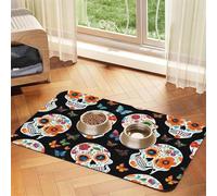 Pet Absorbent Leather Tablecloth Sugar Skulls Printed Dog Food Mat Pet Feeding Mat Anti-Slip Pet Bowl Pad Pets Placemats for Dogs Cats