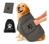 Pet Amore Super Absorbent Dog Drying Towel with Hand Pockets - Quick Dry Microfibre for Small, Medium & Large Dogs - 100cm x 60cm - Includes Drawstring Storage Bag