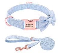 PET ARTIST Personalized Girl Dog Collars with Detachable Bowtie - Soft & Comfy Cute Dog Collar and Leash Set with Rose Gold Buckle - Adjustable Bowtie Collars for Small Medium Large Dogs,Blue,M