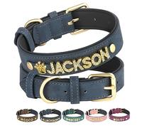 PET ARTIST Personalized PU Leather Dog Collar with Bling Name Letters,Custom Crystal Rhinestone Dog Collar for Small Medium Dog Blue Neck Size 20-25 cm