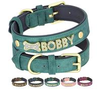 PET ARTIST Personalized PU Leather Dog Collar with Bling Name Letters,Custom Crystal Rhinestone Dog Collar for Small Medium Dog Green Neck Size 20-25 cm