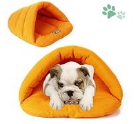 Pet Bed Mat Cuddle Pouch Cave, Covered Hooded Dog Cushion Bed Winter Sleeping Zone House Tent Bag Pet Triangle Nest Self-Warming Cozy for Small Animal Snuggle Puppies Kittens(XS, orange)