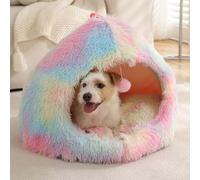 Pet Bed Warm Cat Cave Plush Tent Cat Nesting Bed for Cats Small Dogs Puppy with Washable Removable Pillow Cushion Carrying Handle, Anti-slip Cat Bed Igloo House (M:51x51x43cm,Rainbow)