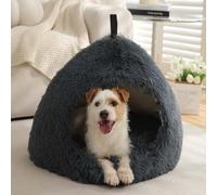 Pet Bed Warm Cat Cave Plush Tent Cat Nesting Bed for Cats Small Dogs Puppy with Washable Removable Pillow Cushion Carrying Handle, Anti-slip Cat Bed Igloo House (L:58x58x47cm,Dark gray)