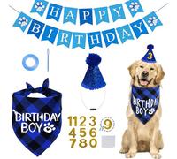 Pet Birthday Hat Scarfs Flag Set Cute Dog Birthday Party Triangle Hats Scarfs Happy Birthday Banner for for Small Medium Large Cats and Dogs Decoration Birthday Ornament(Blue)