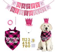 Pet Birthday Hat Scarfs Flag Set Cute Dog Birthday Party Triangle Hats Scarfs Happy Birthday Banner for for Small Medium Large Cats and Dogs Decoration Birthday Ornament(Pink)