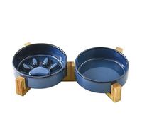 Pet bowl Double cat bowl,Ceramic Raised Dog Bowl Set with Wood Stand, Elevated Pet Slow Food and Water Bowl, Dog slow Bowl，Cat Bowl Feeding Bowl (Blue, （slow&flat）M with wooden stand)
