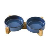 Pet bowl Double cat bowl,Ceramic Raised Dog Bowl Set with Wood Stand, Elevated Pet Slow Food and Water Bowl, Dog slow Bowl，Cat Bowl Feeding Bowl (Blue, （2 flat）M with wooden stand)